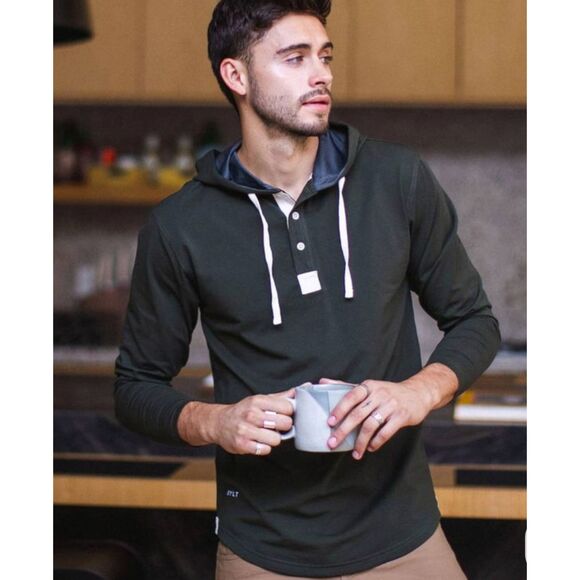 BYLT Drop-Cut LUX Black Hooded Henley Pullover Sweater Mens XXL 2XL *Flawed* - Picture 1 of 6